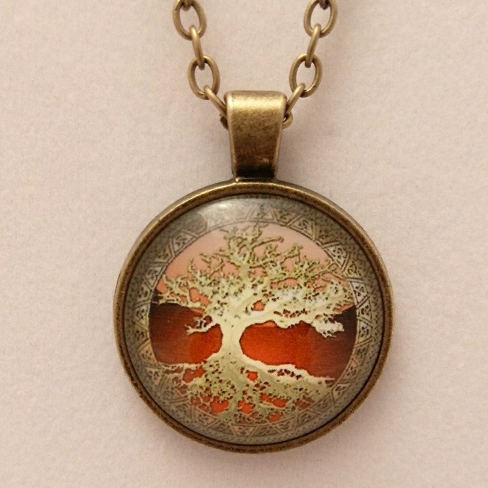 Antique Look Burgundy Tree of Life Necklace 18"